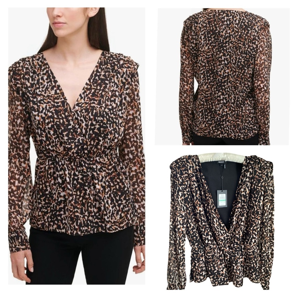 🍁 NWT DKNY Animal Print Top Blouse Size Large